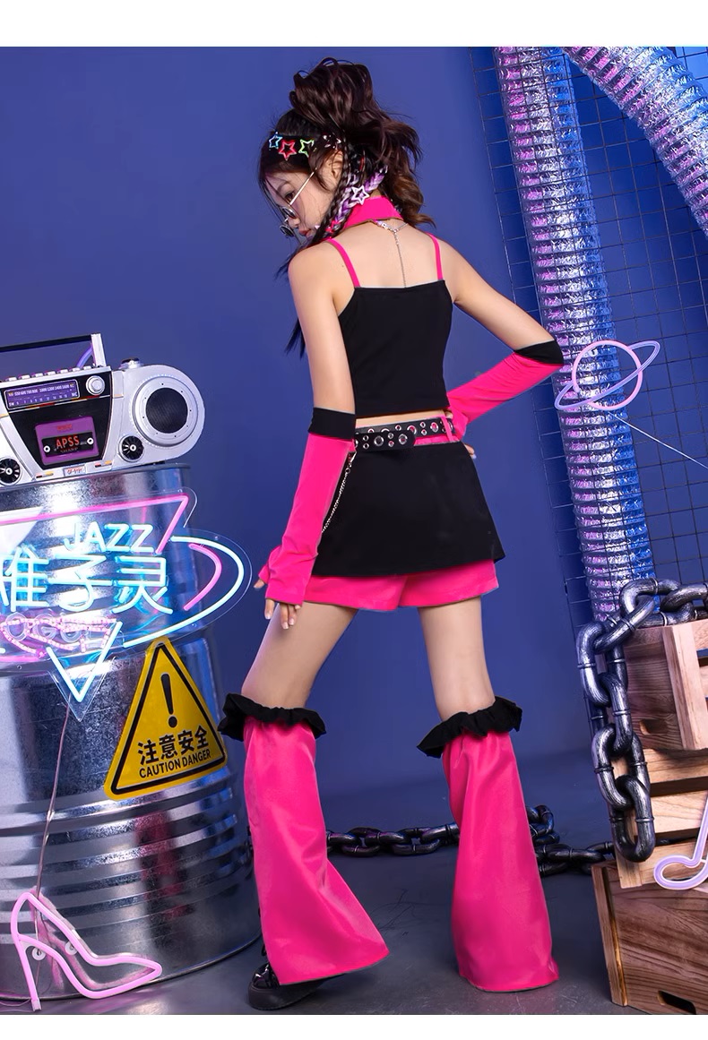ダンス衣装 ガールズ 衣装 派手 ピンク 黒 K-POP 韓国 セットアップ