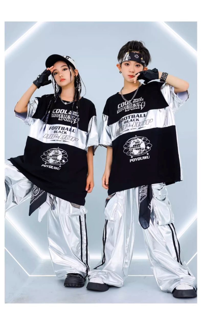 キッズダンス衣装 セットアップ 派手 キラキラTシャツ 銀 黒 シルバー