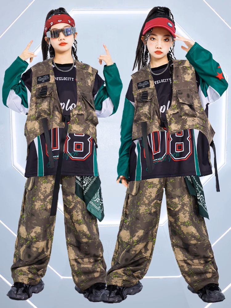 サバゲー　衣服セット　タンカラーメイン キッズダンス衣装 セットアップ ヒップホップ 衣装 ナンバリング