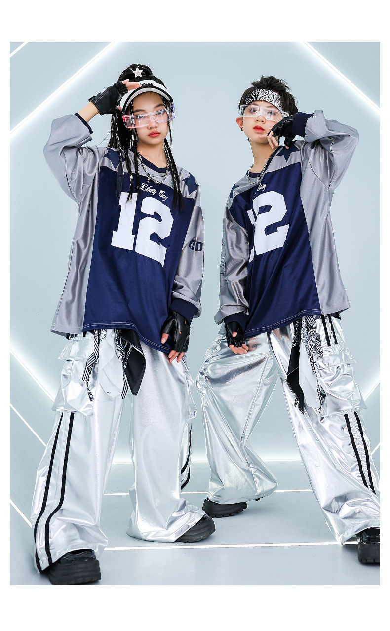 キッズダンス衣装 セットアップ 派手 キラキラTシャツ 銀 シルバー K