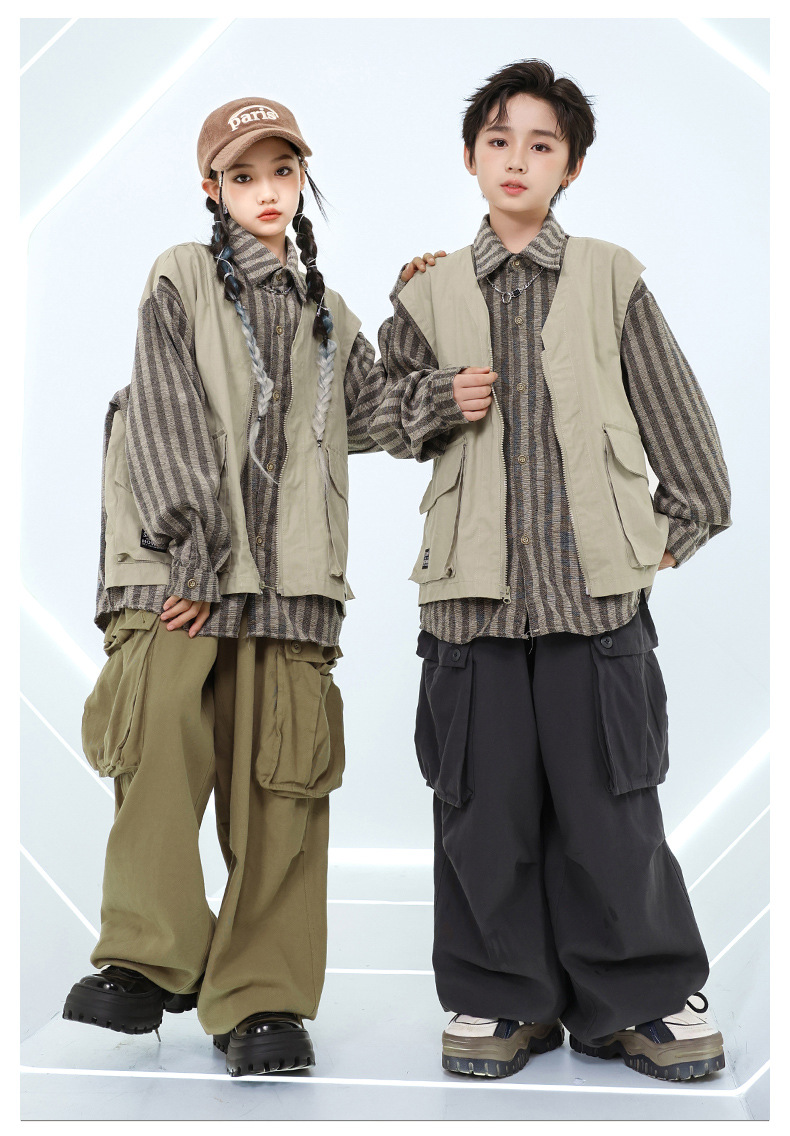 ヒップホップ ダンス衣装 セットアップ ベスト付き ストライプシャツ