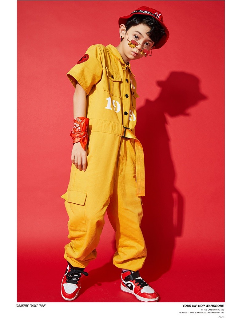 つなぎ キッズ ヒップホップ ファッション K-POPダンス衣装 韓国 派手 ベージュ 黄色 カーキ
