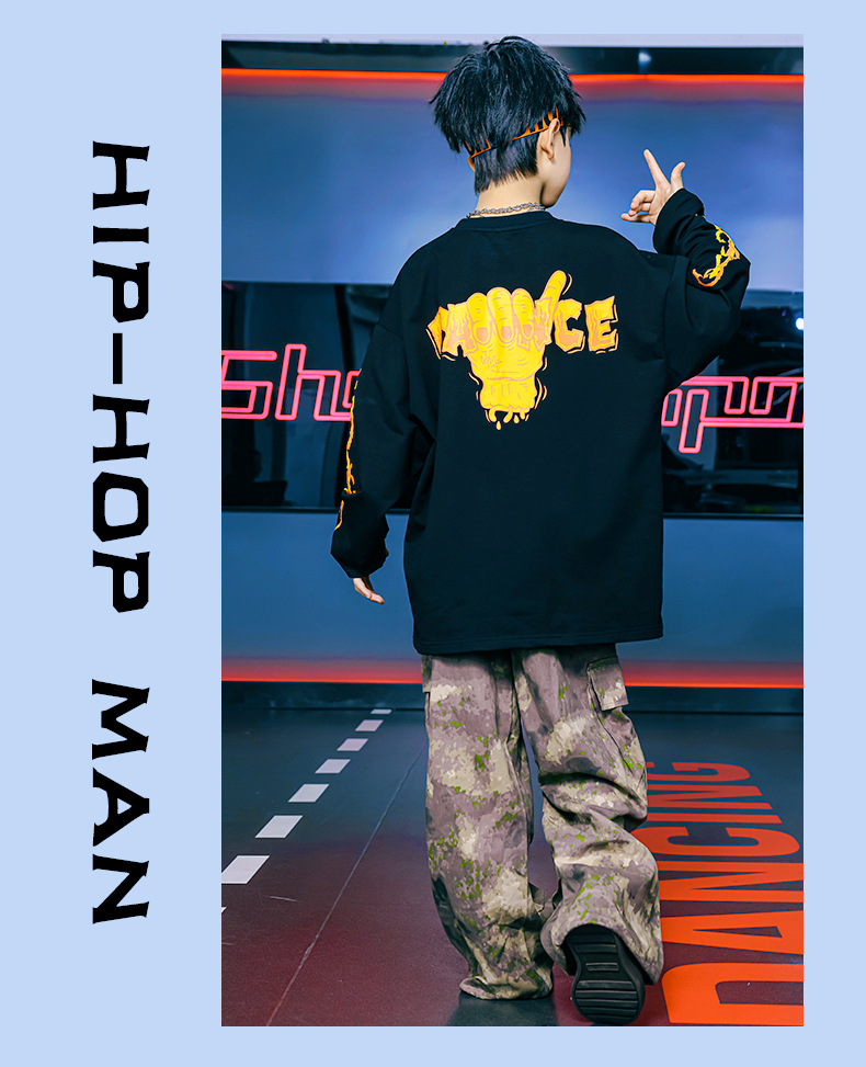 ヒップホップ 衣装 迷彩 ダンス衣装 キッズ セットアップ 黒 オレンジ