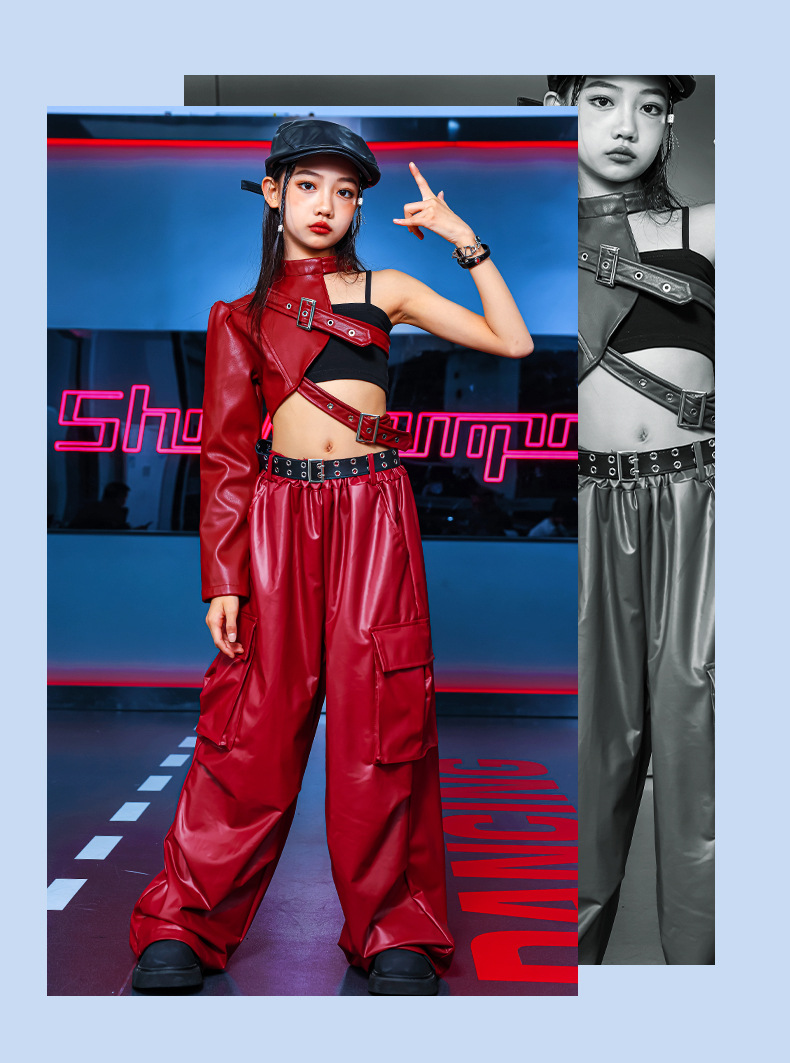 ダンス衣装 ガールズ 衣装 かっこいい 赤 レザー K-POP 韓国