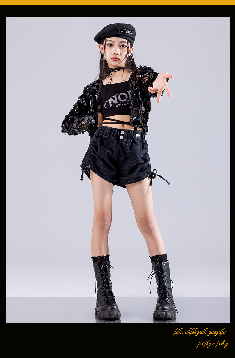 ダンス 衣装 キッズ 黒 スパンコール キラキラ衣装 セットアップ K-POP