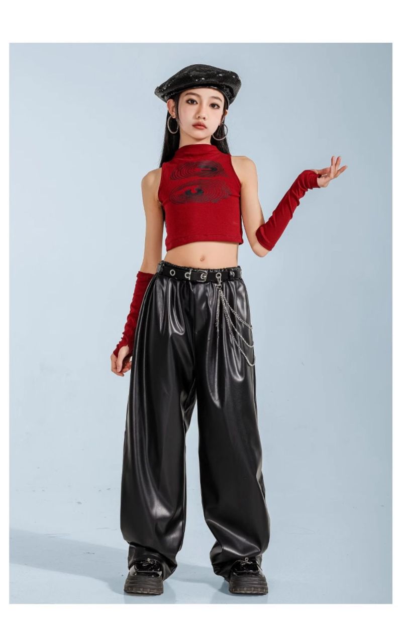 ダンス衣装 ガールズ 衣装 赤 黒 レザー 革 K-POP 韓国 セットアップ