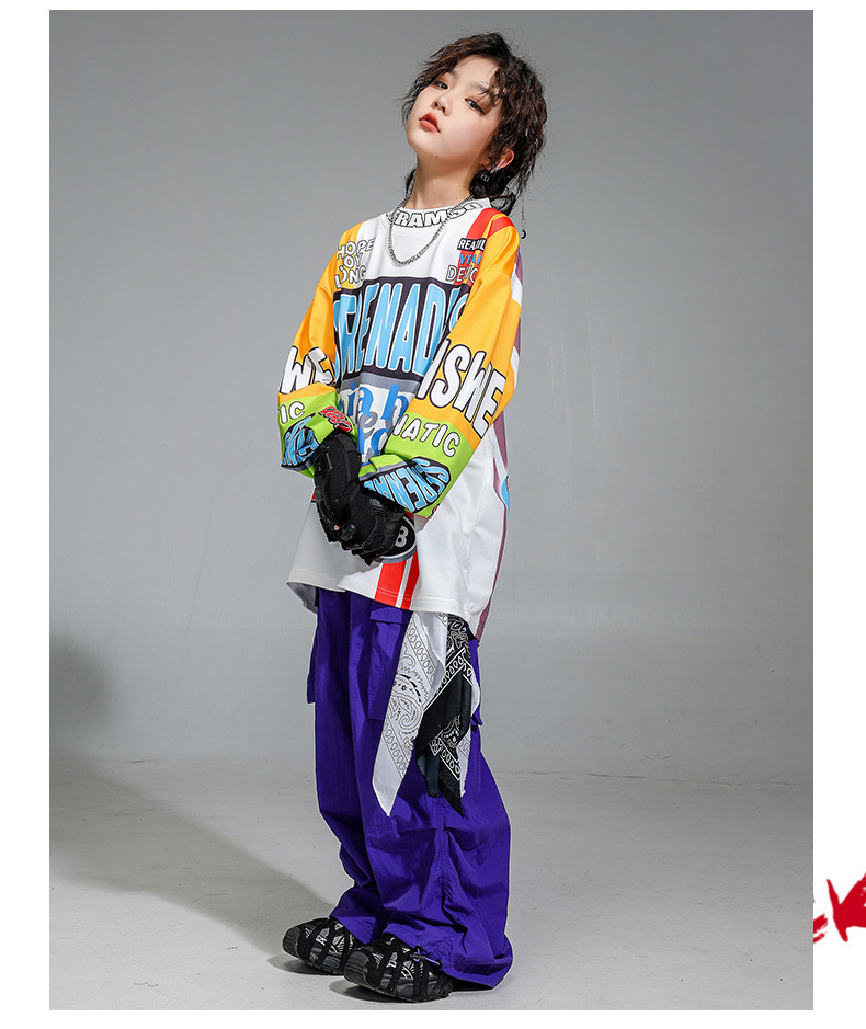 ヒップホップ ダンス衣装 キッズ セットアップ 派手 総柄 紫