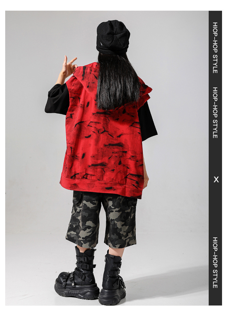 キッズダンス衣装 セットアップ ヒップホップ 衣装 赤 黒 フード付き