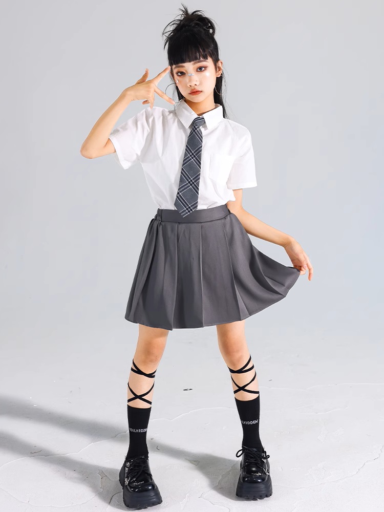 キッズダンス衣装 白 グレー ブラウン 制服 K-POP 韓国 ヒップホップ