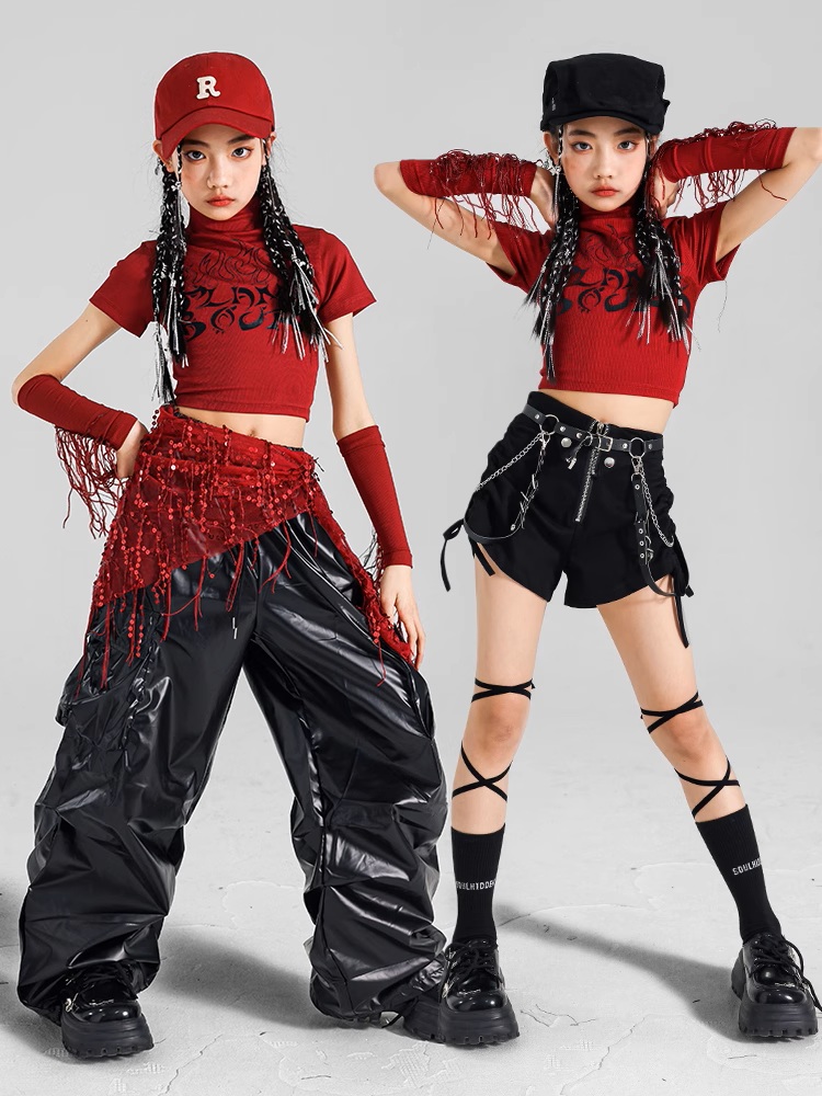 ダンス衣装 キッズ セットアップ 赤 黒 チアダンス ガールズ ヒップ