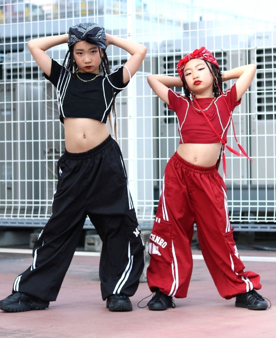 ヒップホップ ダンス衣装 ガールズ K-POP 韓国 黒 赤 キッズダンス衣装