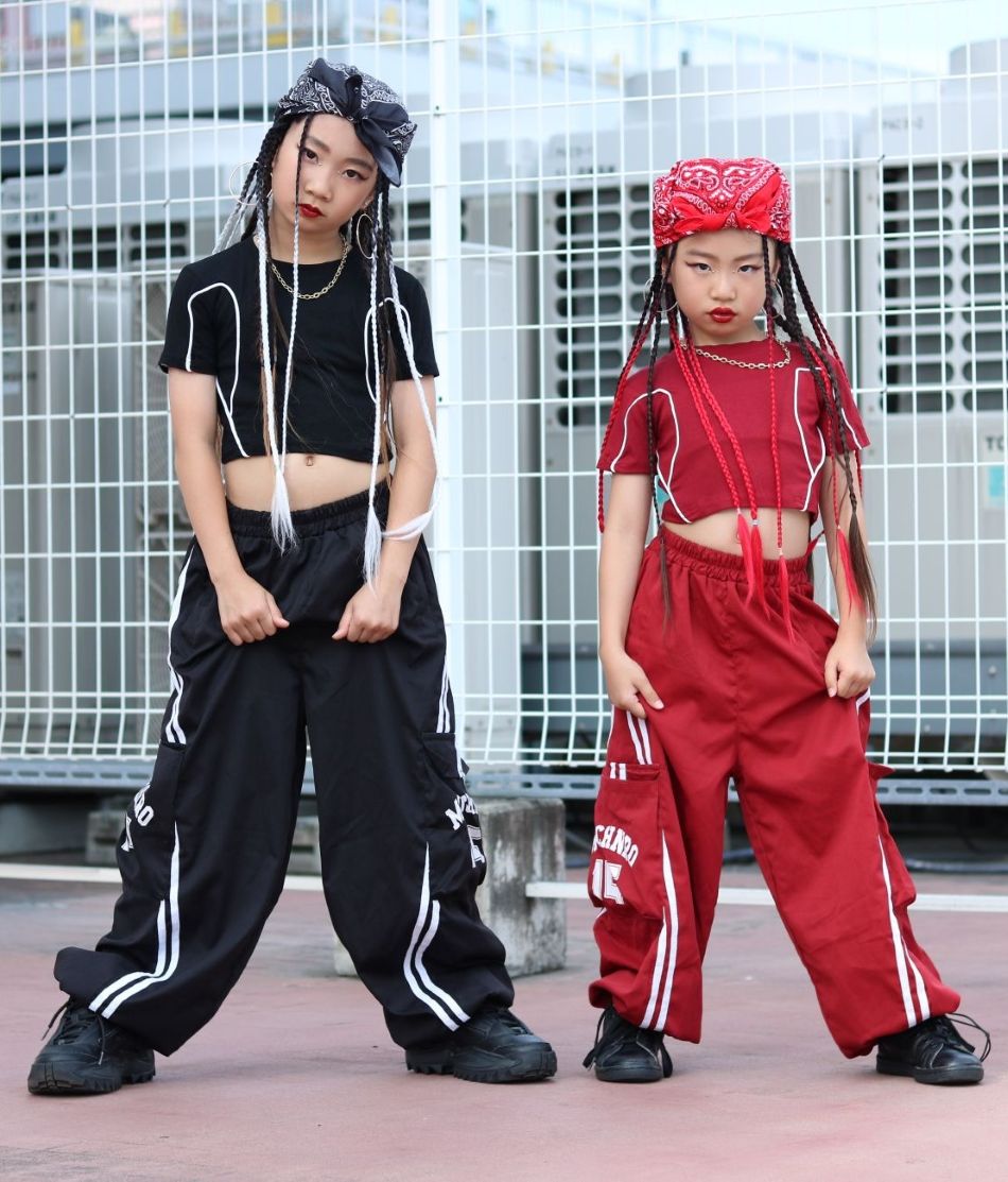 ヒップホップ ダンス衣装 ガールズ K-POP 韓国 黒 赤 キッズダンス衣装