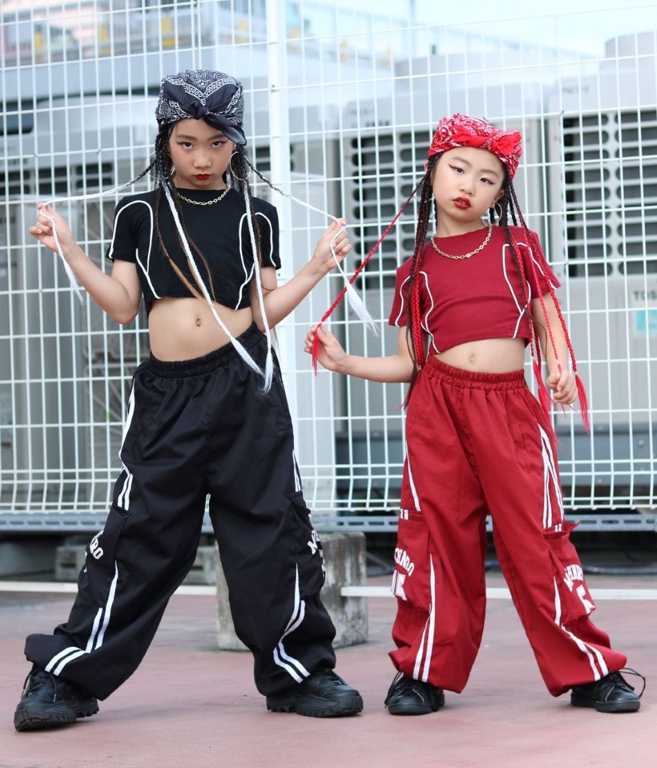 ヒップホップ ダンス衣装 ガールズ K-POP 韓国 黒 赤 キッズダンス衣装