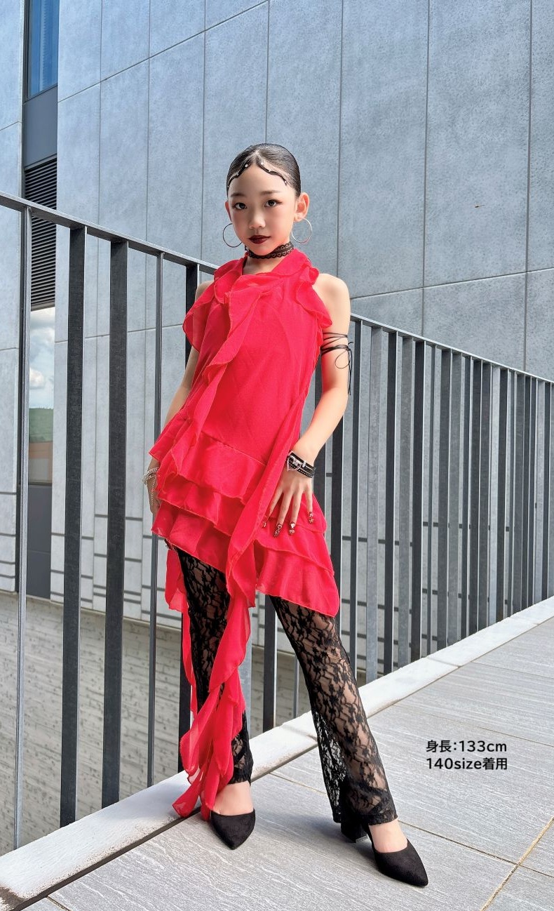 ダンス衣装 赤 黒 ジャズ ヒップホップ ガールズ チュニック レース