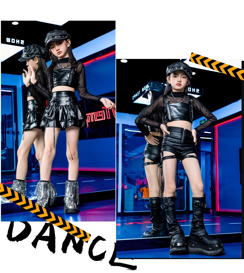 ダンス衣装 ガールズ 衣装 かっこいい 黒 レザー K-POP 韓国