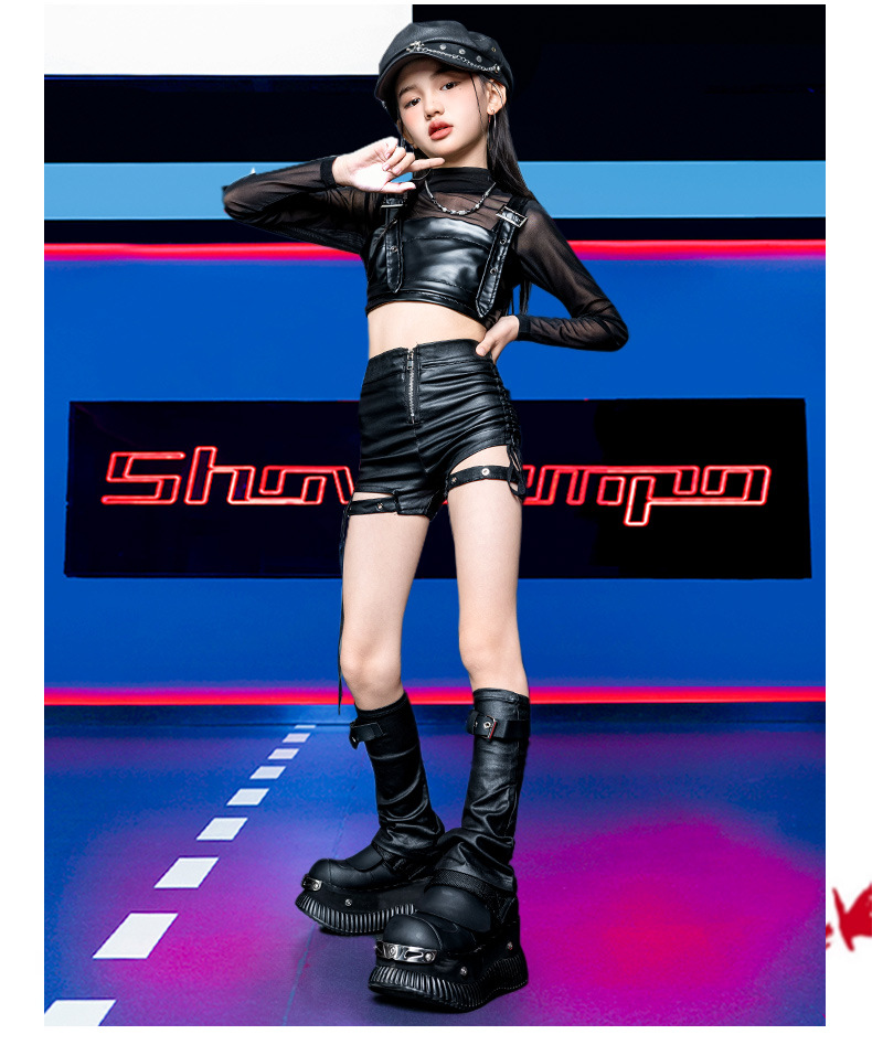 ダンス衣装 ガールズ 衣装 かっこいい 黒 レザー K-POP 韓国