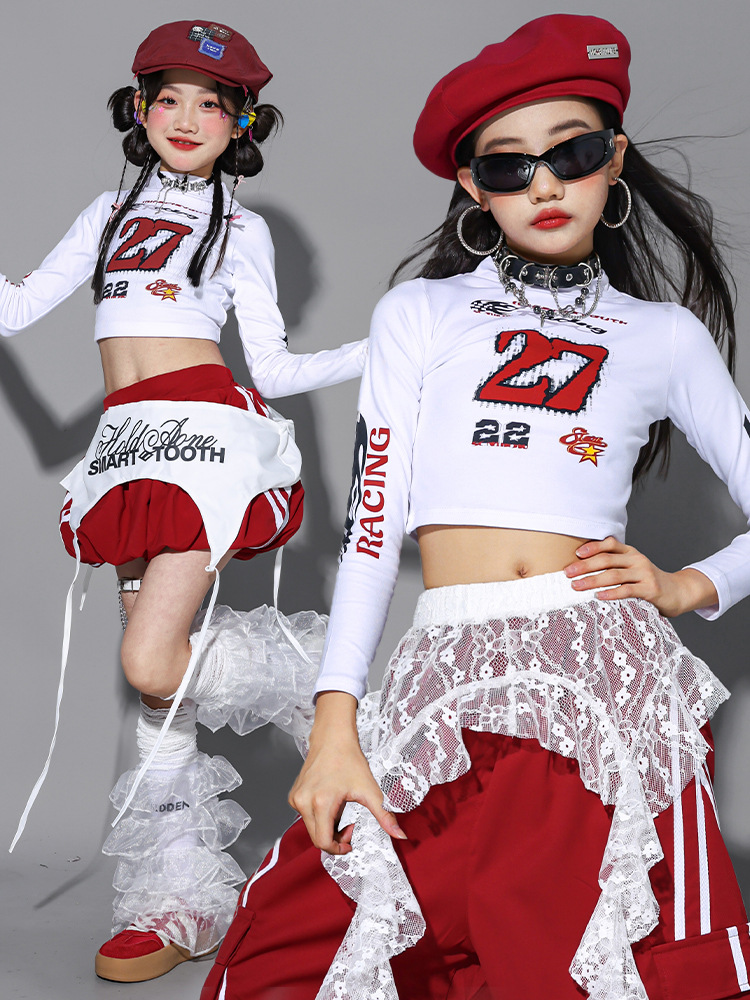 ガールズ ヒップホップ 衣装 白 赤 K-POP 韓国 チアダンス 子供ダンス