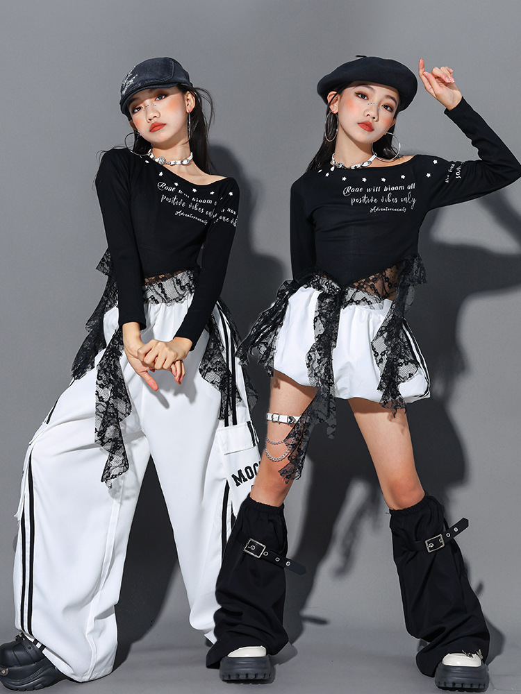 ダンス衣装 ガールズ 衣装 黒 白 K-POP 韓国 ジャズ キッズダンス衣装