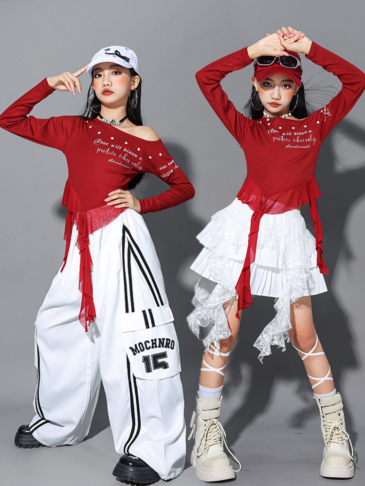 ダンス衣装 ガールズ 衣装 赤 白 K-POP 韓国 ジャズ キッズダンス衣装