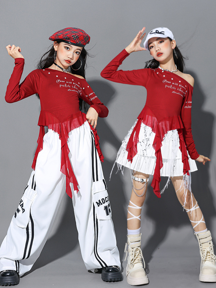 ダンス衣装 ガールズ 衣装 赤 白 K-POP 韓国 ジャズ キッズダンス衣装