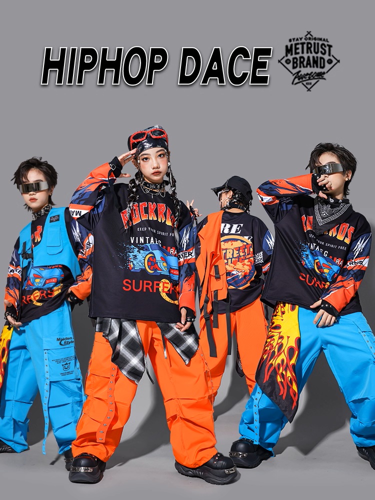 キッズダンス衣装 セットアップ ヒップホップ 衣装 黒 水色 オレンジ K