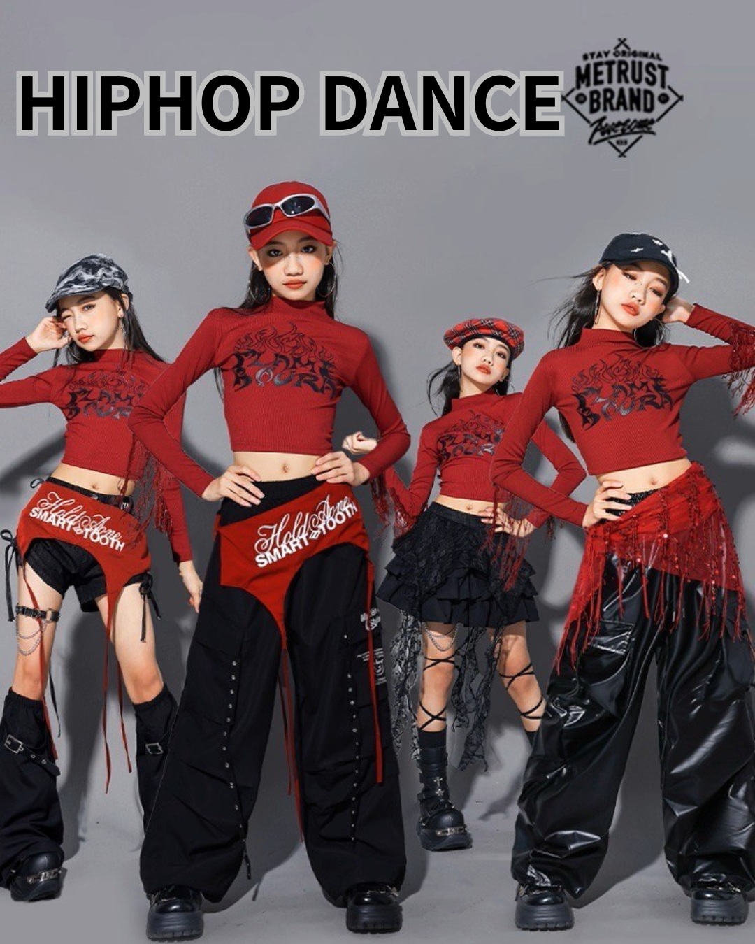 ダンス衣装 キッズ セットアップ 赤 黒 チアダンス ガールズ ヒップ