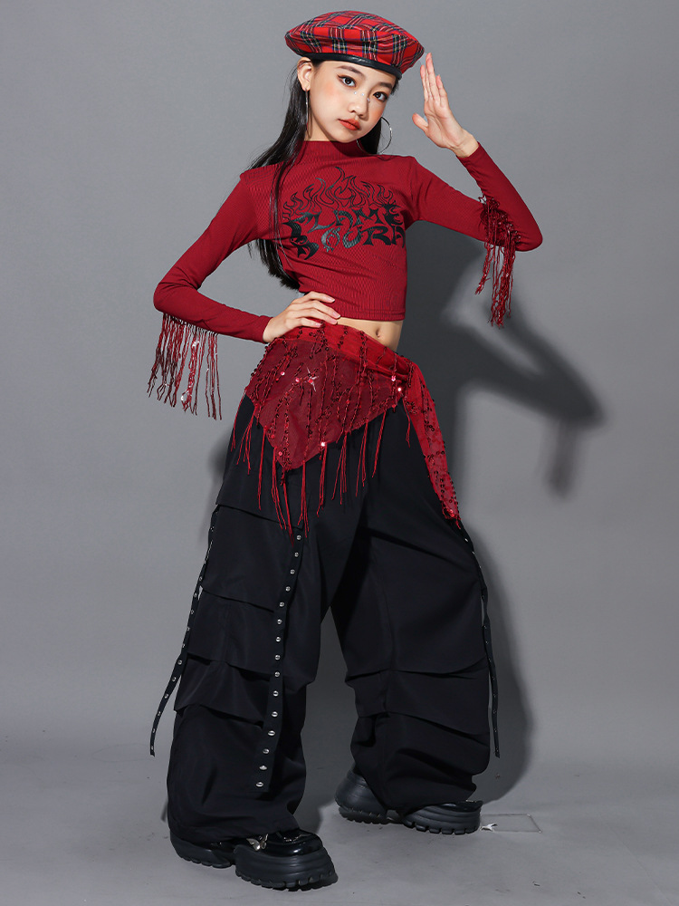 ダンス衣装 キッズ セットアップ 赤 黒 チアダンス ガールズ ヒップ