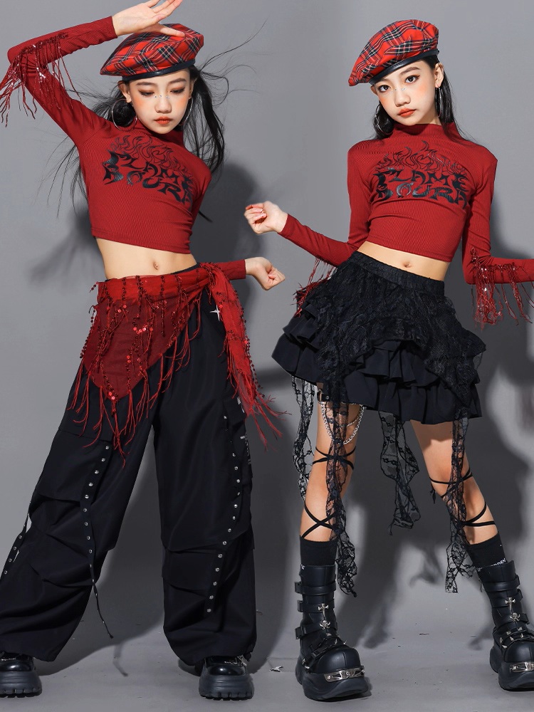 ダンス衣装 キッズ セットアップ 赤 黒 チアダンス ガールズ ヒップ