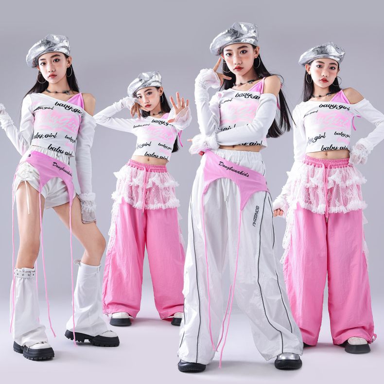U NA 社交ダンス　ピンク　セットアップ　フリル　フレア ダンス衣装 キッズ セットアップ 派手 ピンク 白 K-POP 韓国 ガールズ