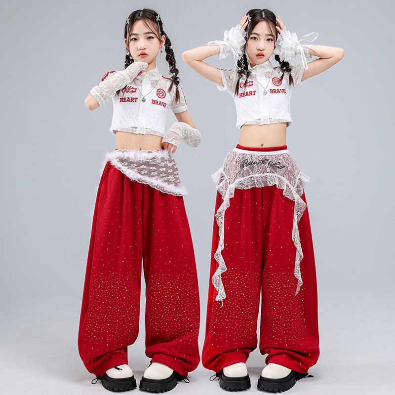 ベリーダンス セットアップ 赤とベージュ キッズ ダンス衣装 セットアップ ガールズ ヒップホップ かっこいい