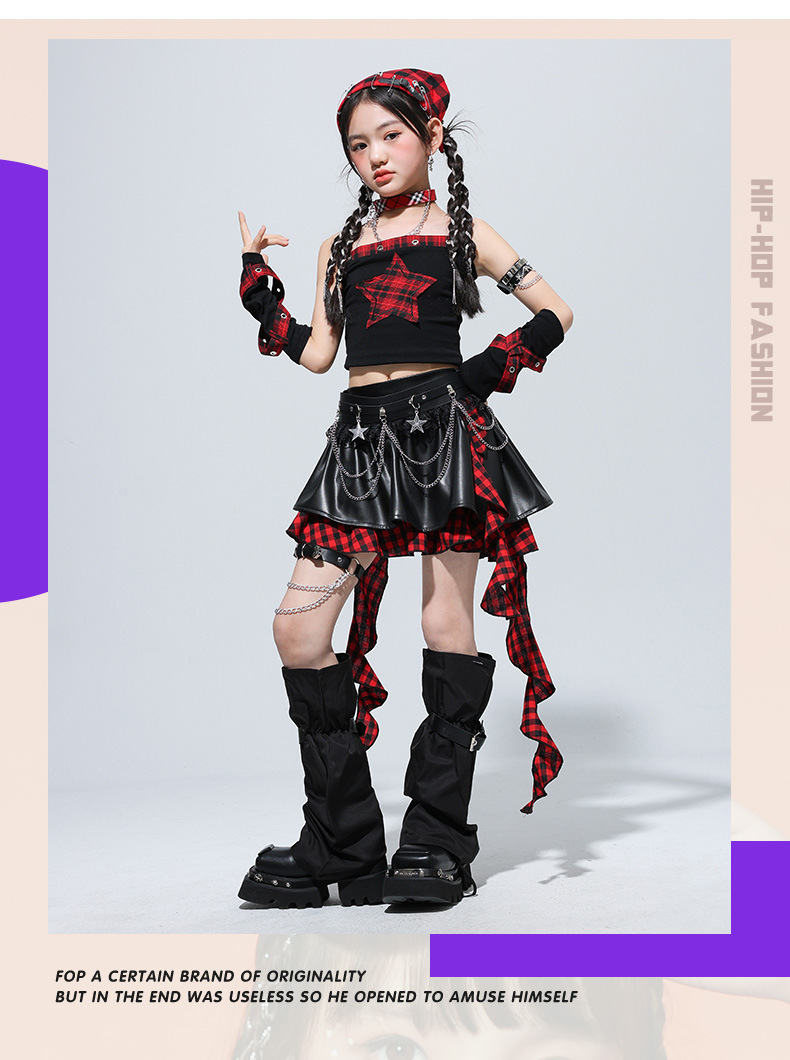 ダンス衣装 セットアップ 黒 赤 チェック柄 ガールズ ヒップホップ