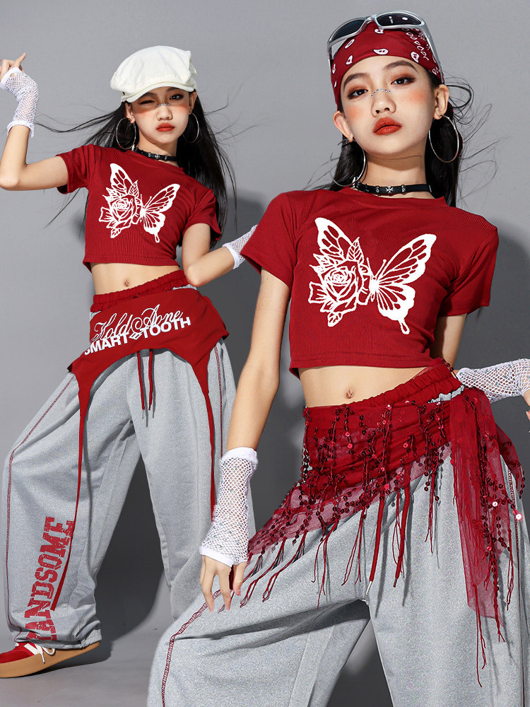 ヒップホップ ダンス衣装 ガールズ K-POP 韓国 グレー レッド キッズ