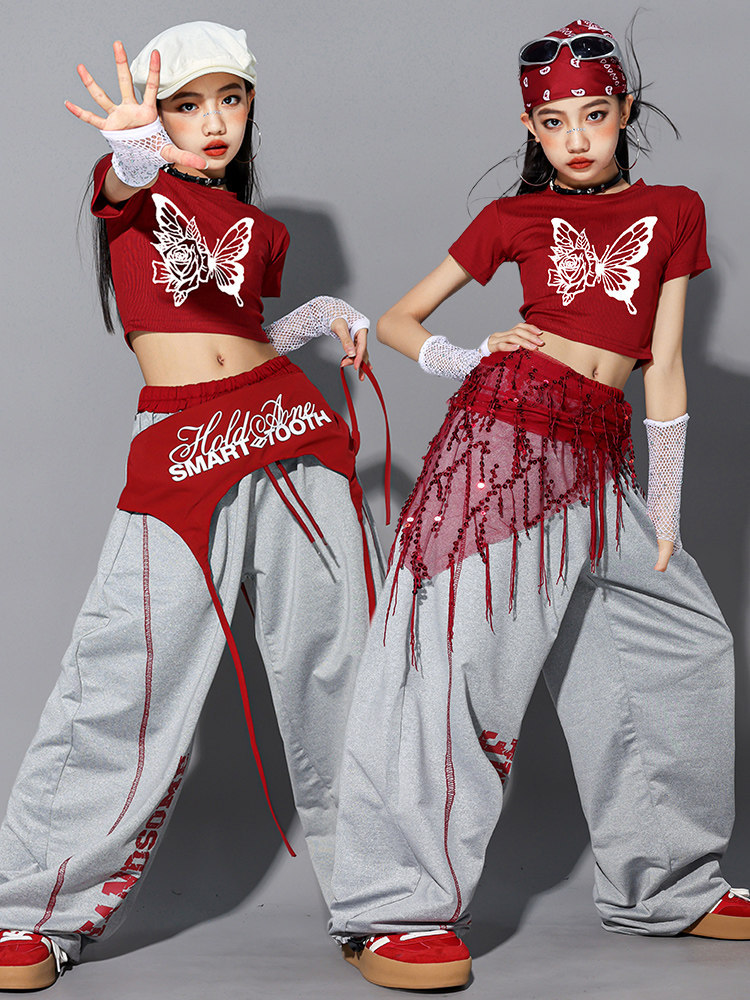 ヒップホップ ダンス衣装 ガールズ K-POP 韓国 グレー レッド キッズ
