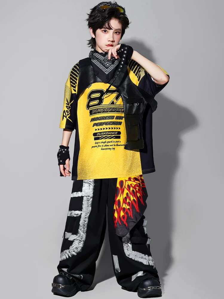 ヒップホップ ダンス衣装 セットアップ 黄色 黒 派手 Tシャツ ベスト