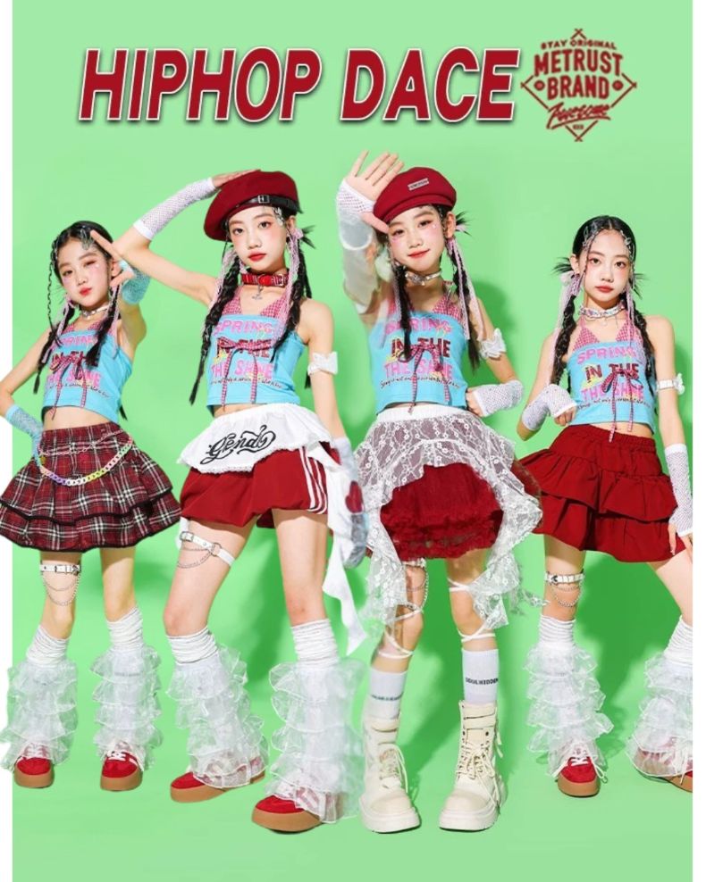 ガールズ ヒップホップ 衣装 水色 赤 K-POP 韓国 チアダンス ダンス