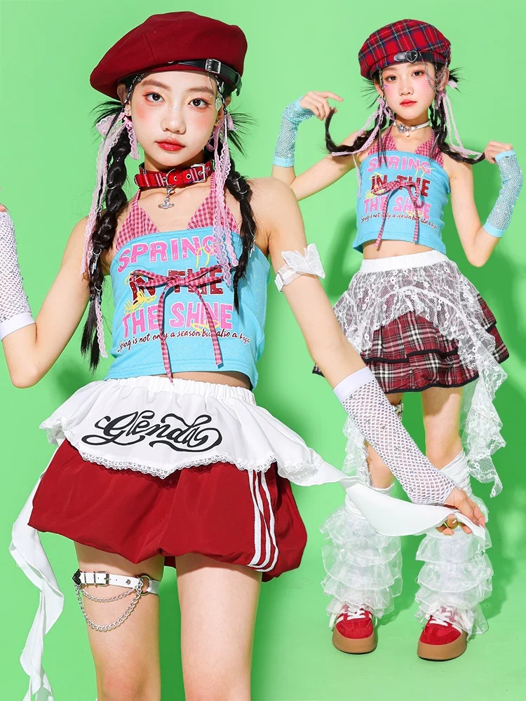 ガールズ ヒップホップ 衣装 水色 赤 K-POP 韓国 チアダンス ダンス