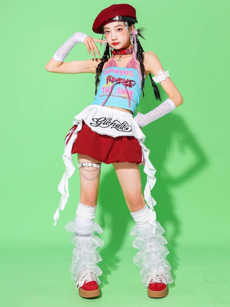 ガールズ ヒップホップ 衣装 水色 赤 K-POP 韓国 チアダンス ダンス