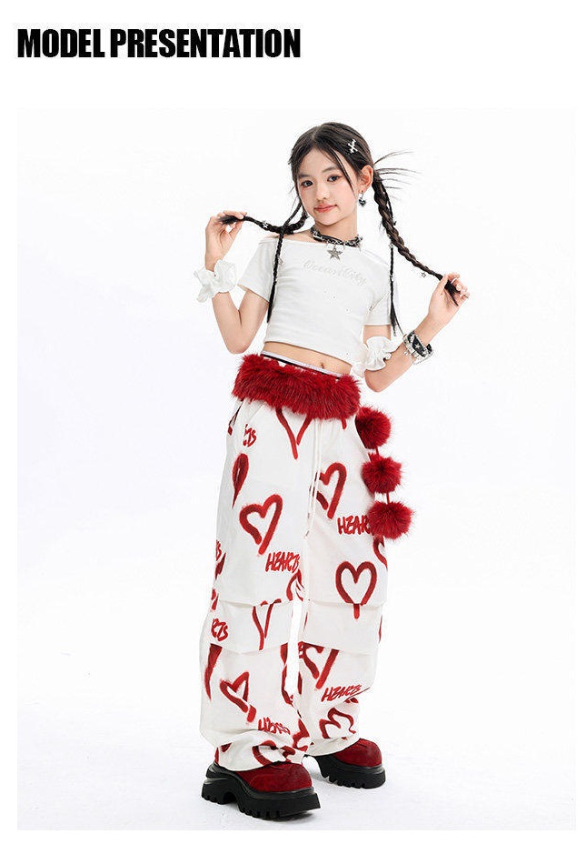 ヒップホップ 衣装 赤 白 K-POP 韓国 子供ダンス服 ダンスウェア