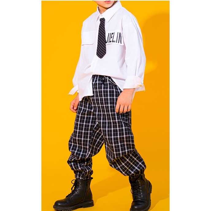 キッズダンス衣装 制服 K-POP 韓国 ヒップホップ ダンス衣装 セットアップ ガールズ 男の子 シャツ スカート パンツ 白 黒｜sims-mart｜05