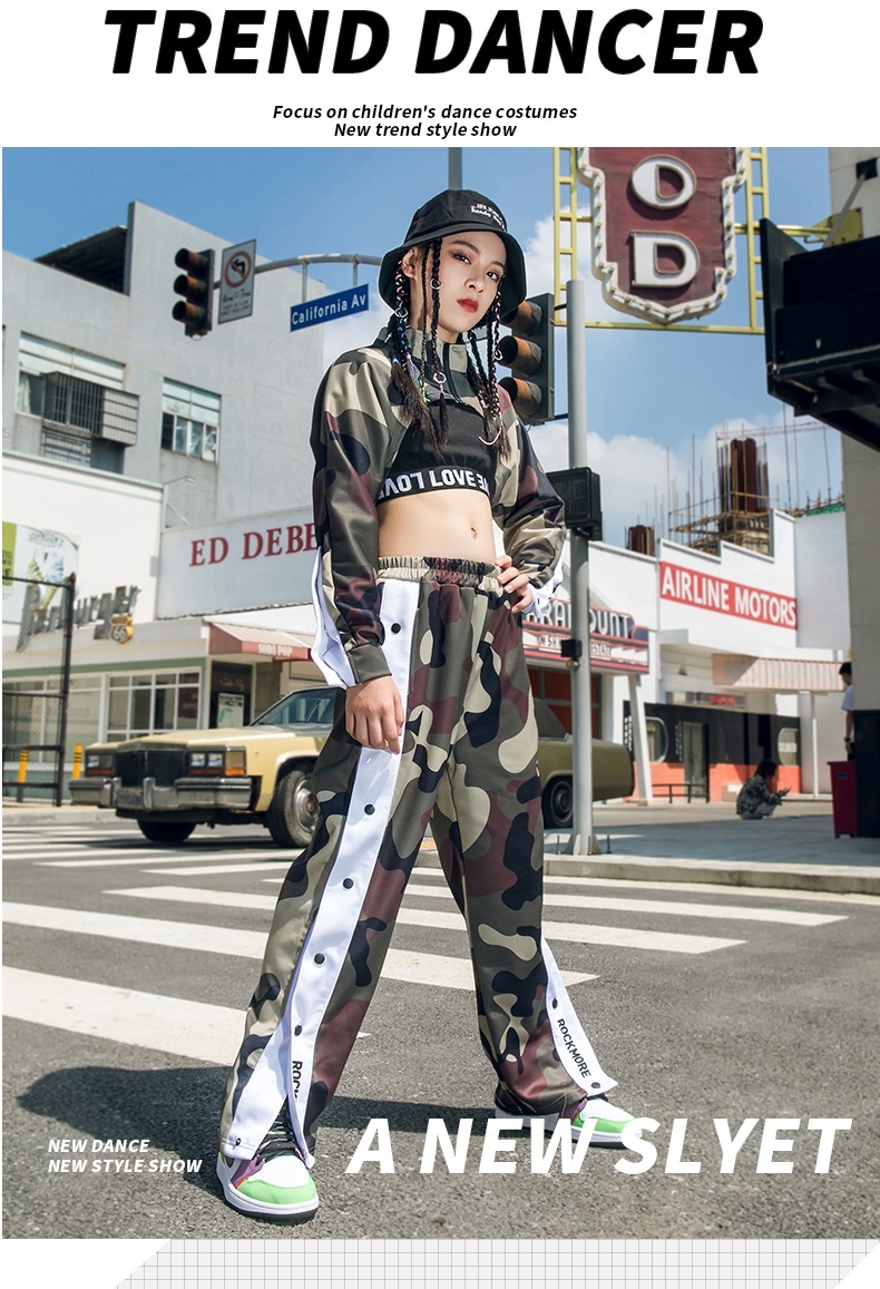 キッズダンス衣装セットアップ 迷彩 へそ出しトップス パンツ ヒップ