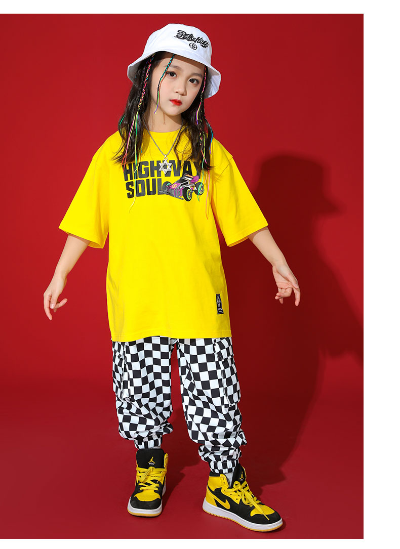 ヒップホップ ダンス衣装 キッズ セットアップ ダンスファッション 派手 Tシャツ パンツ K-POP 韓国 格子柄 フラッグチェック 黄色