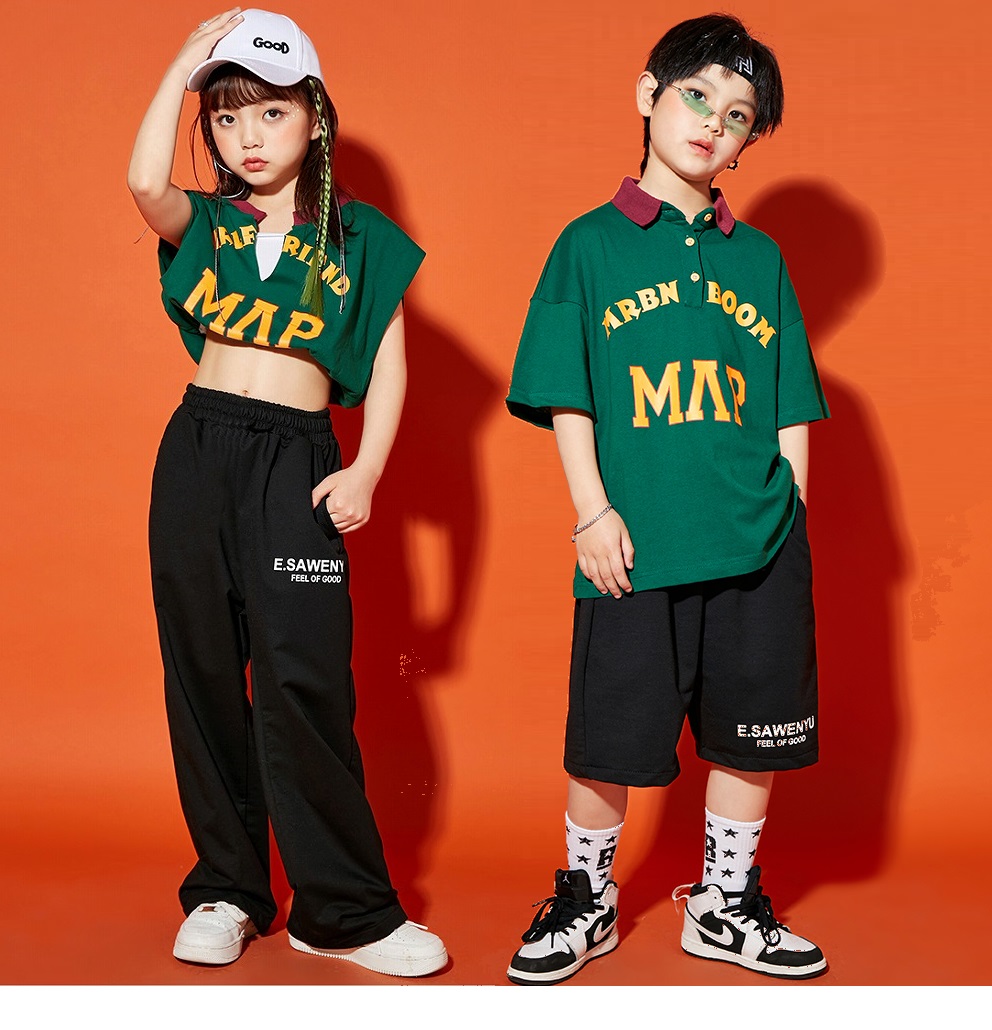 キッズダンス衣装 セットアップ ヒップホップ ダンスファッション ヘソ出し トップス ポロシャツ パンツ K-POP 韓国 緑 水色 黒  通販 