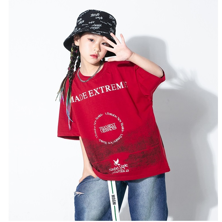 キッズダンス衣装 Tシャツ ヒップホップ ファッション 派手 ガールズ 男の子 K-POP 韓国 赤...