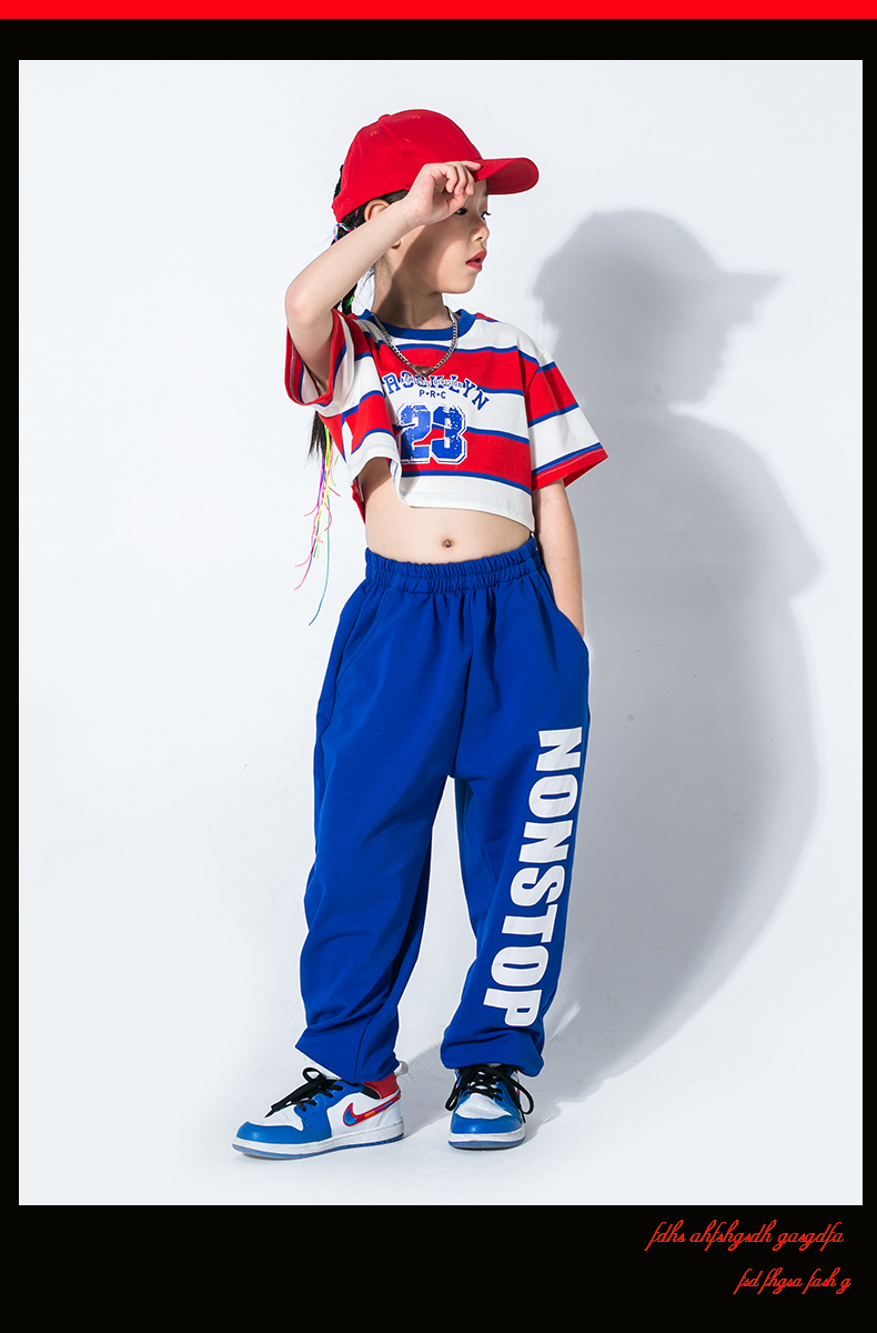 キッズダンス衣装 セットアップ ヒップホップ ダンス衣装 レッスン着 派手 ボーダーTシャツ へそ出し トップス K-POP 韓国 赤 青 白  チアリーディング
