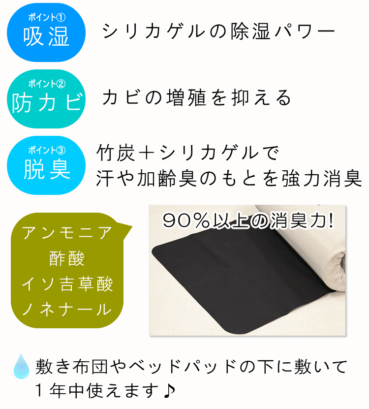 除湿シート シングル 除湿マット 竹炭入 防カビ 脱臭 吸湿 結露防止 調