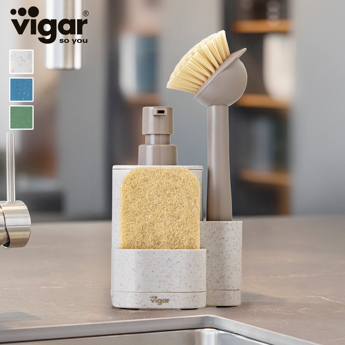 Vigar ヴィガール レンゴ 3ピース シンクキャディセット3 RENGO 3 Piece Sink Caddy Set （ スポンジホルダー スポンジ置き ディスペンサー付き スポンジ ） | Vigar