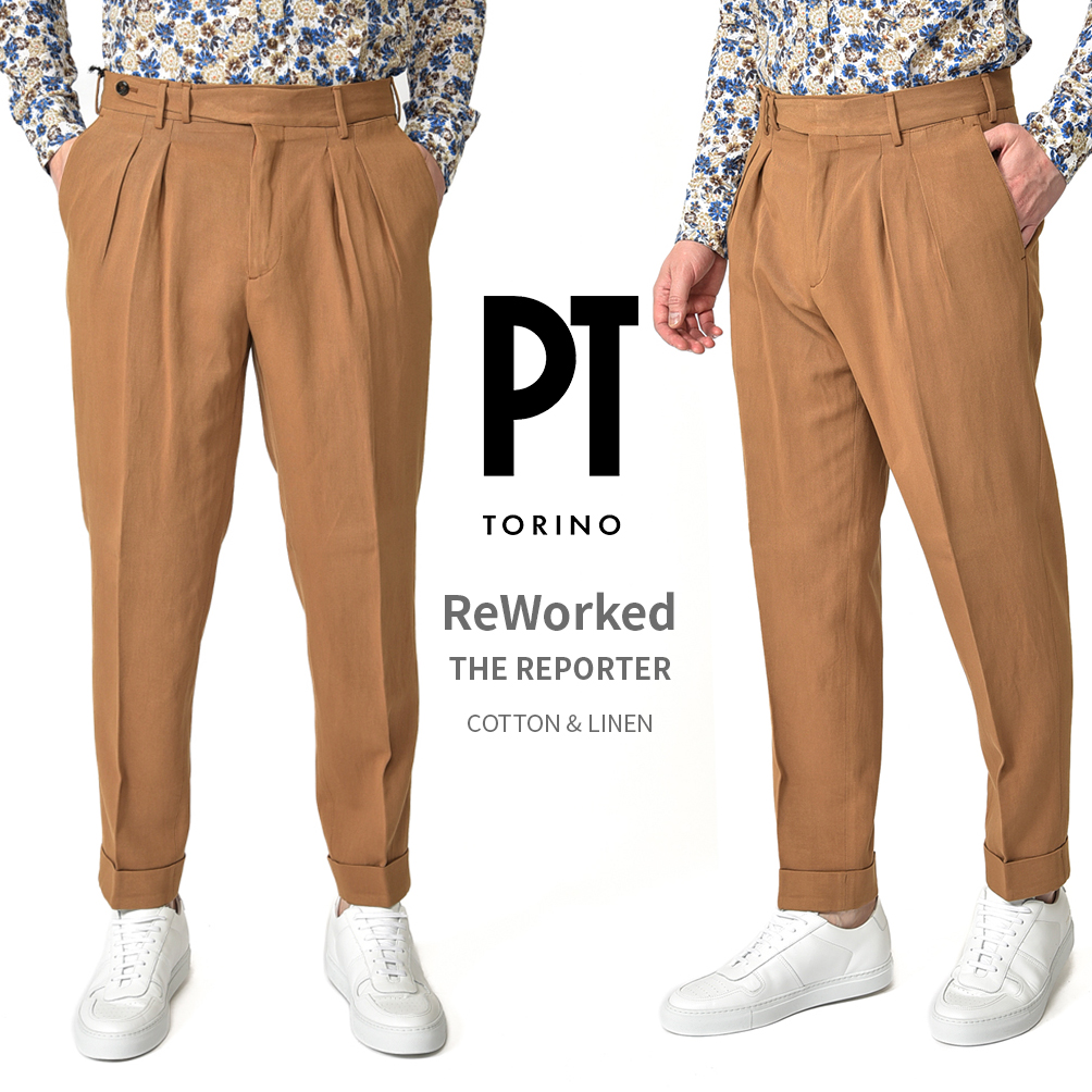 PT TORINO ピーティートリノ ReWorked THE REPORTER スラックス チノ パンツ ツープリーツ メンズ ビスコース リネン ブラウン｜size4458