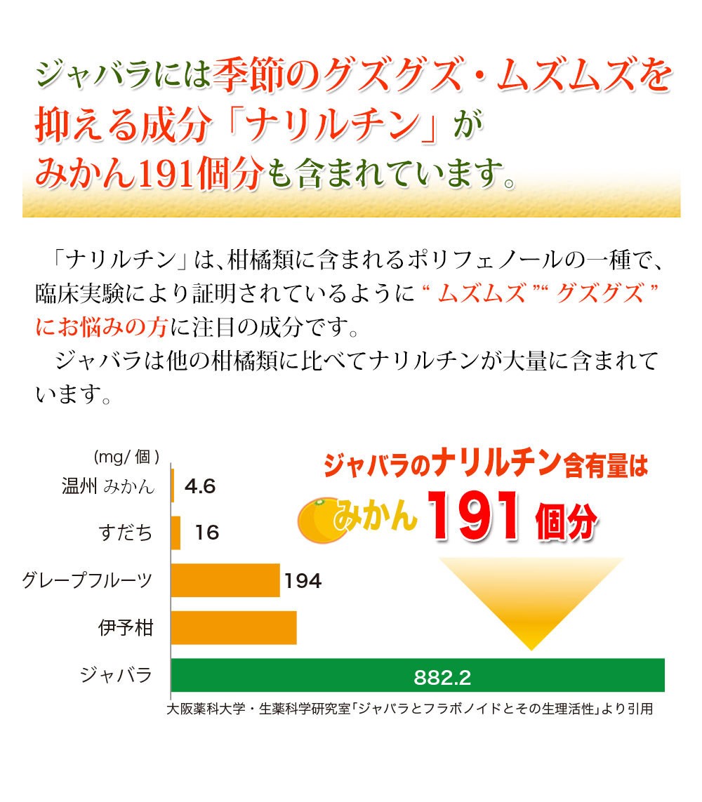 ジャバラには季節のグズグズ・ムズムズを抑える成分ナリルチンがみかん191個分も含まれています