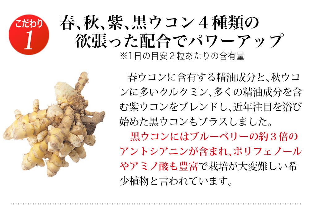 春、秋、紫、黒ウコン４種類の欲張った配合でパワーアップ 注目のクルクミンがたっぷり40mgも配合