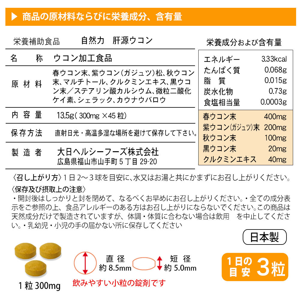 肝源ウコン45粒の成分表